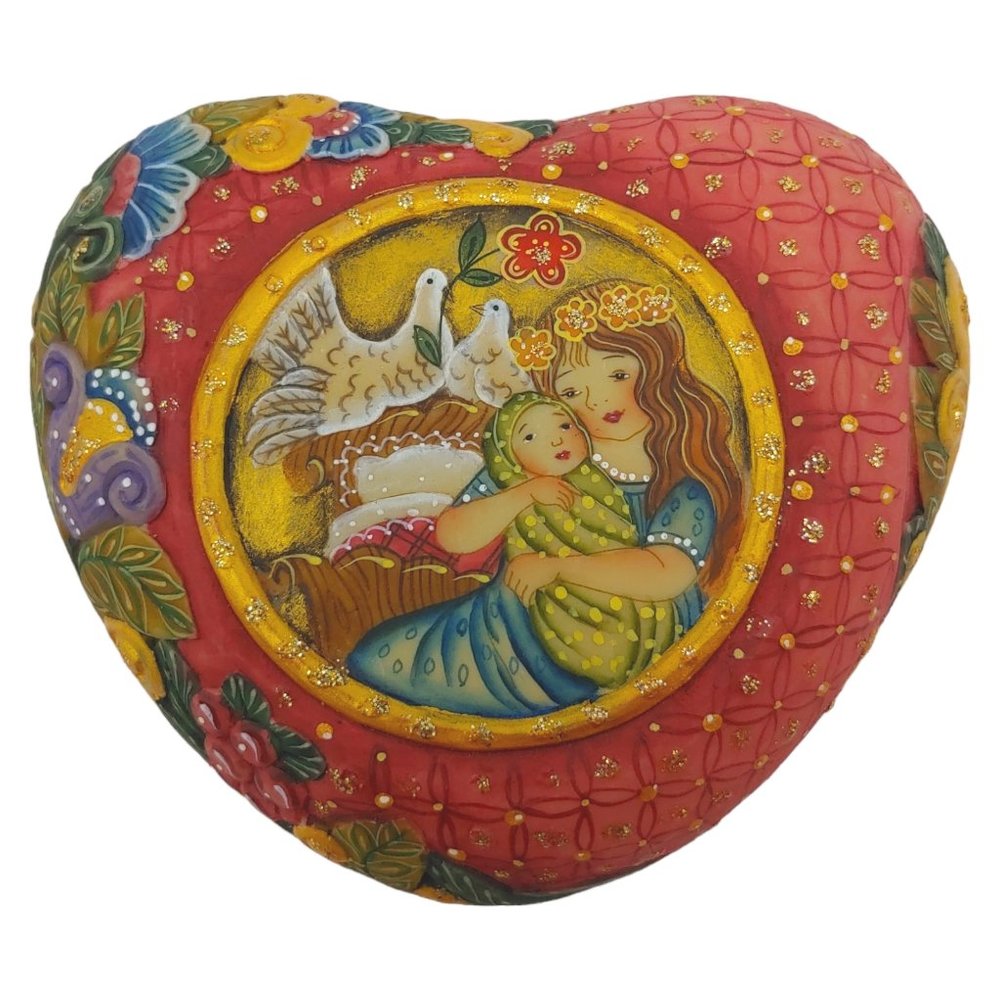 DeBrekht Motherly Love Trinket Box - 4" Red Floral Heart Shaped Mom Baby Family